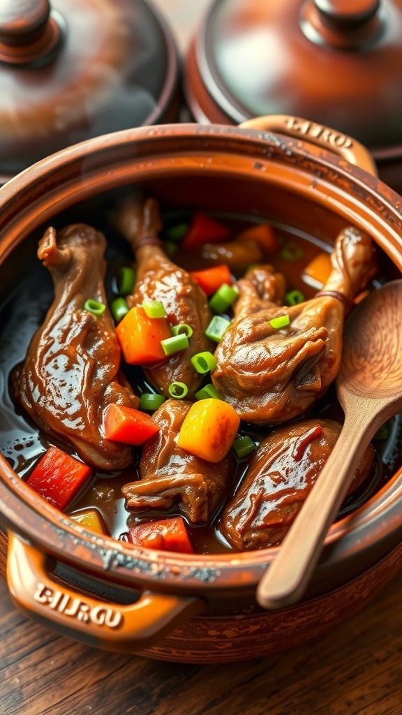 Savory Duck Clay Pot Recipe A clay pot with braised duck legs and vegetables, garnished with green onions, on a rustic wooden table.